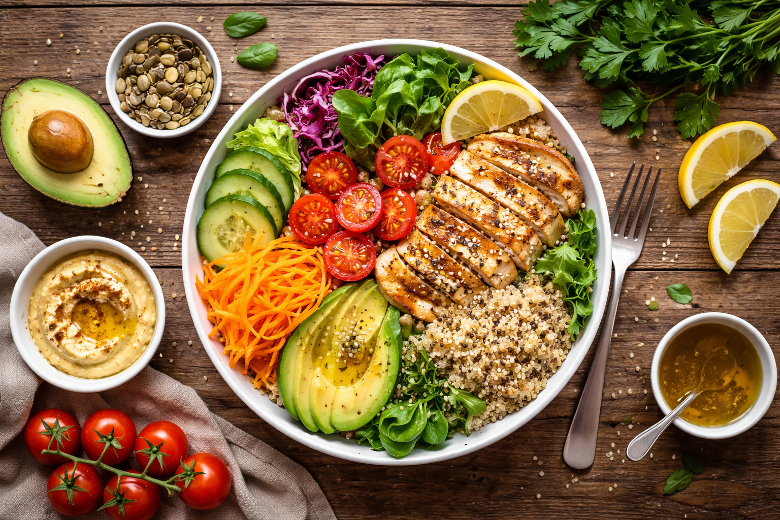 Healthy colorful meal with fresh vegetables, lean protein and whole grains on wooden table, natural wellness nutrition photography, overhead view